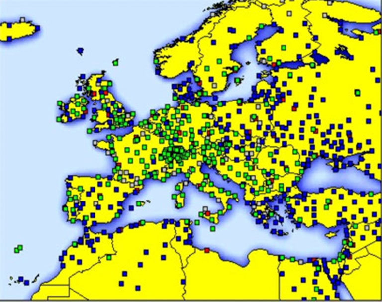 Εικ. 2 Η οθόνη Meteonorm παρουσιάζει τους μετεωρολογικούς σταθμούς και τις θέσεις των πόλεων στη βάση δεδομένων του προγράμματος.