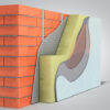 Layered brick wall thermal insulation concept 3d render on grey